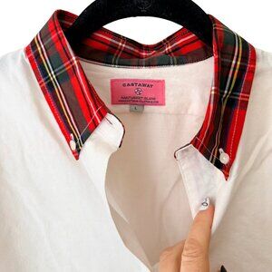 Castaway Clothing, white button down, red/green tartan, L